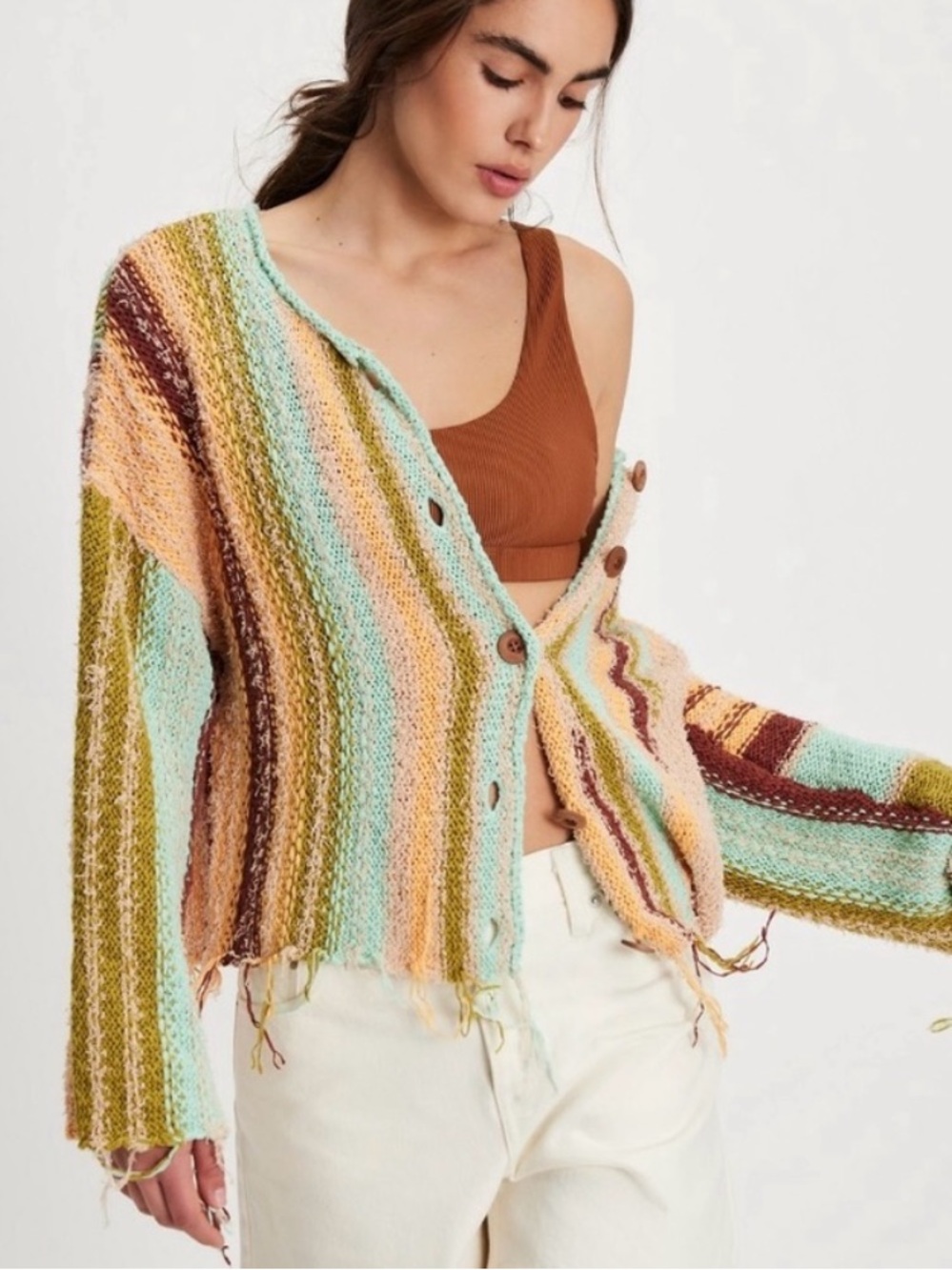 Free People Baja Stripe Fringe Boho Multicolor Button Cardigan Sweater